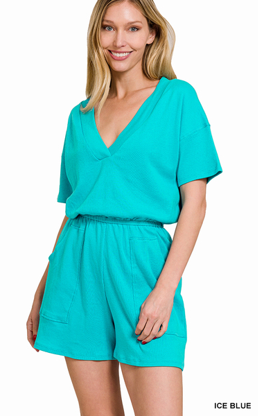 DROP SHOULDER V-NECK ROMPER WITH POCKETS - Moonlight Boutique