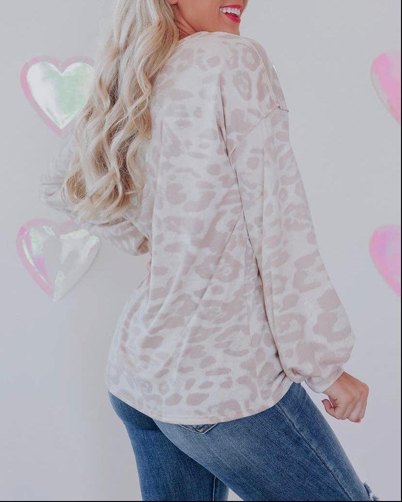 Animal Print Contrast Patchwork Puff Sleeve - Moonlight Boutique