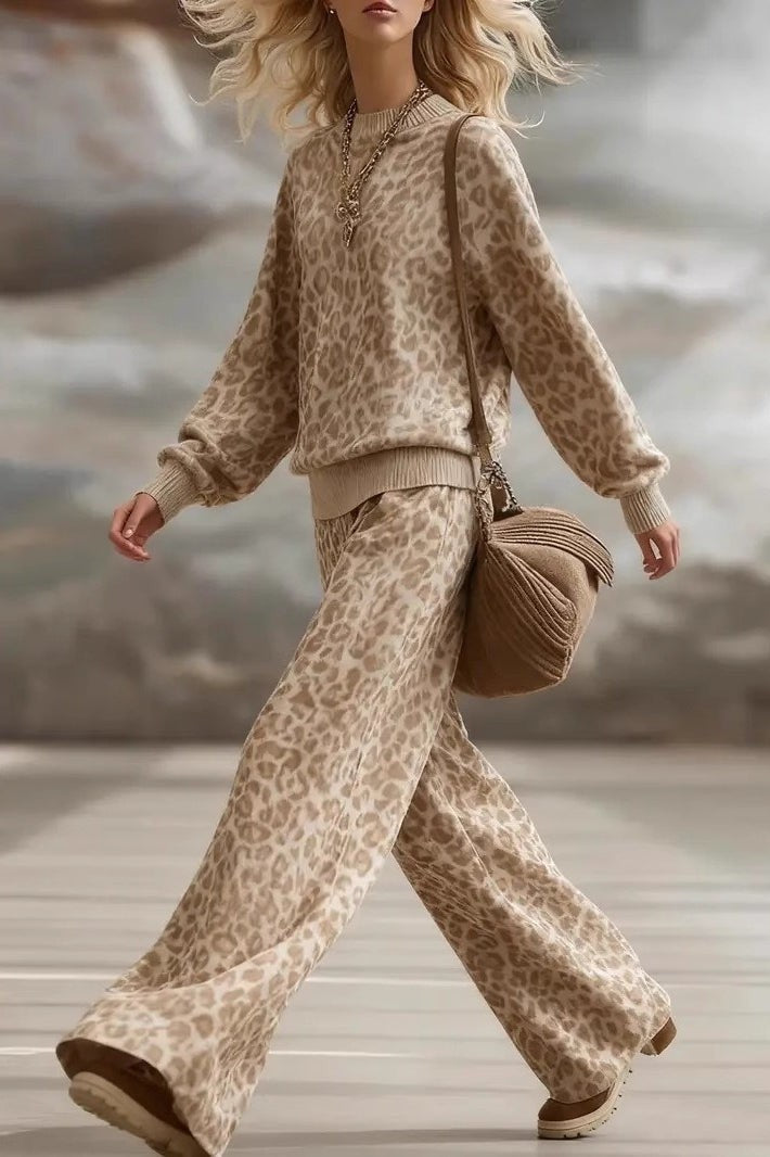 Leopard Print Knit Lounge Set Relaxed Boutique Outfit Clothing Set