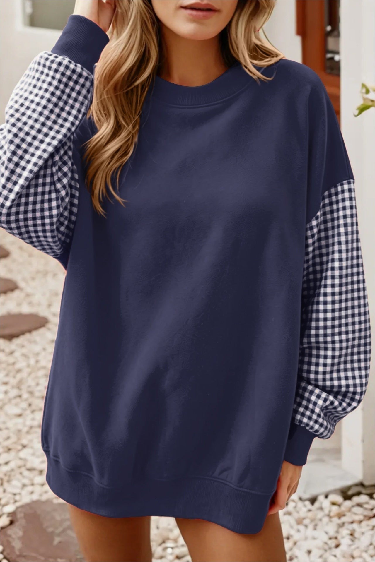 Color-block Plaid Pullover Long Sleeve Casual Sweatshirt Sweatshirt Navy