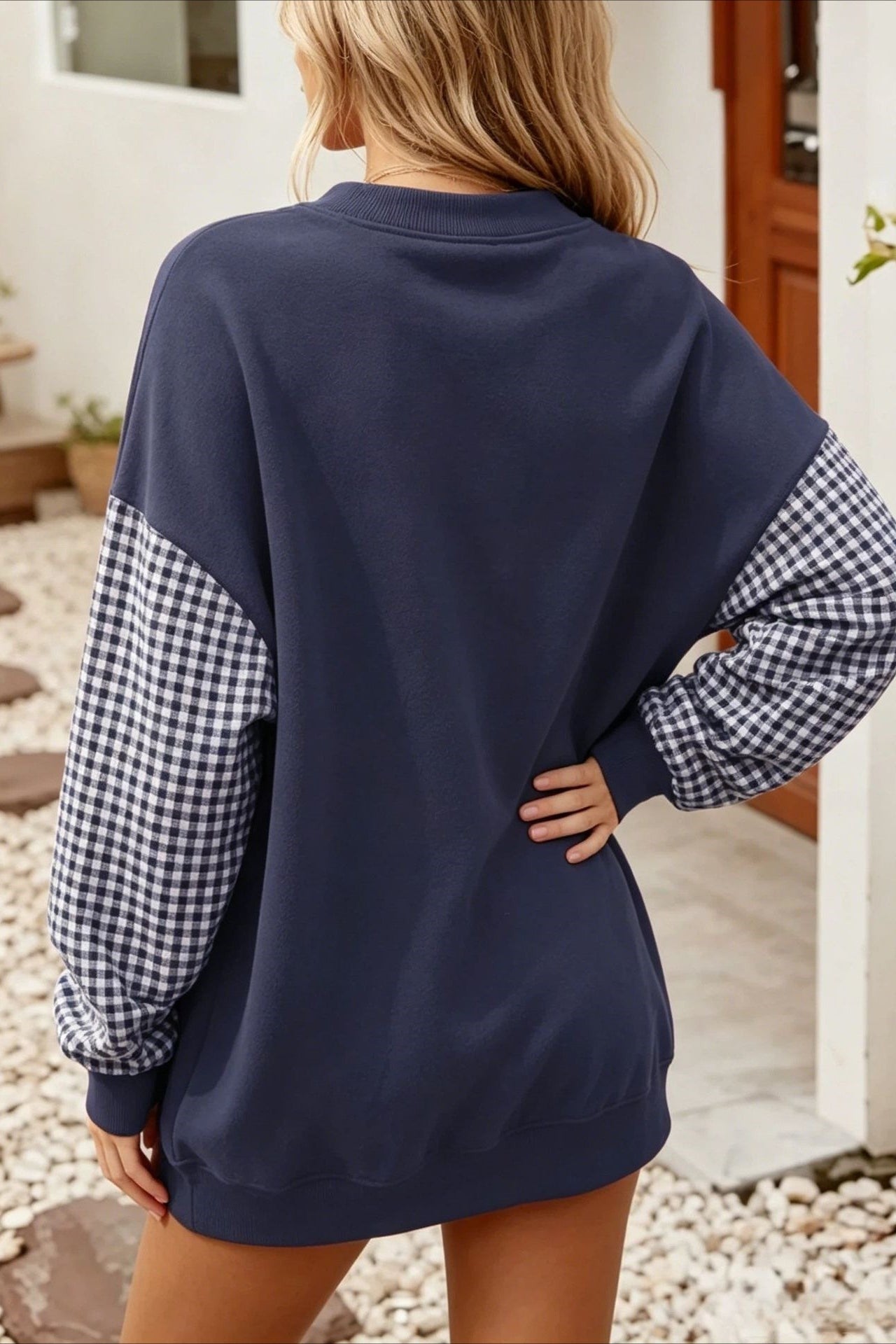 Color-block Plaid Pullover Long Sleeve Casual Sweatshirt Sweatshirt