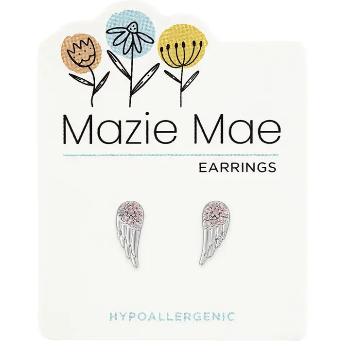 Mazie Mae Earring: Silver CZ Angel Wing Stud