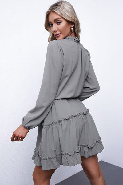 Frill Tie Neck Balloon Sleeve Dress - Moonlight Boutique