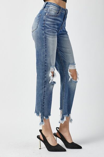 RISEN High Waist Distressed Frayed Hem Cropped Straight Jeans - Moonlight Boutique