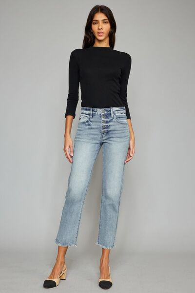 Kancan High Waist Button Fly Raw Hem Cropped Straight Jeans - Moonlight Boutique