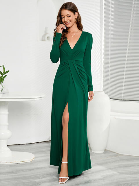 V-Neck Long Sleeve Split Dress - Moonlight Boutique