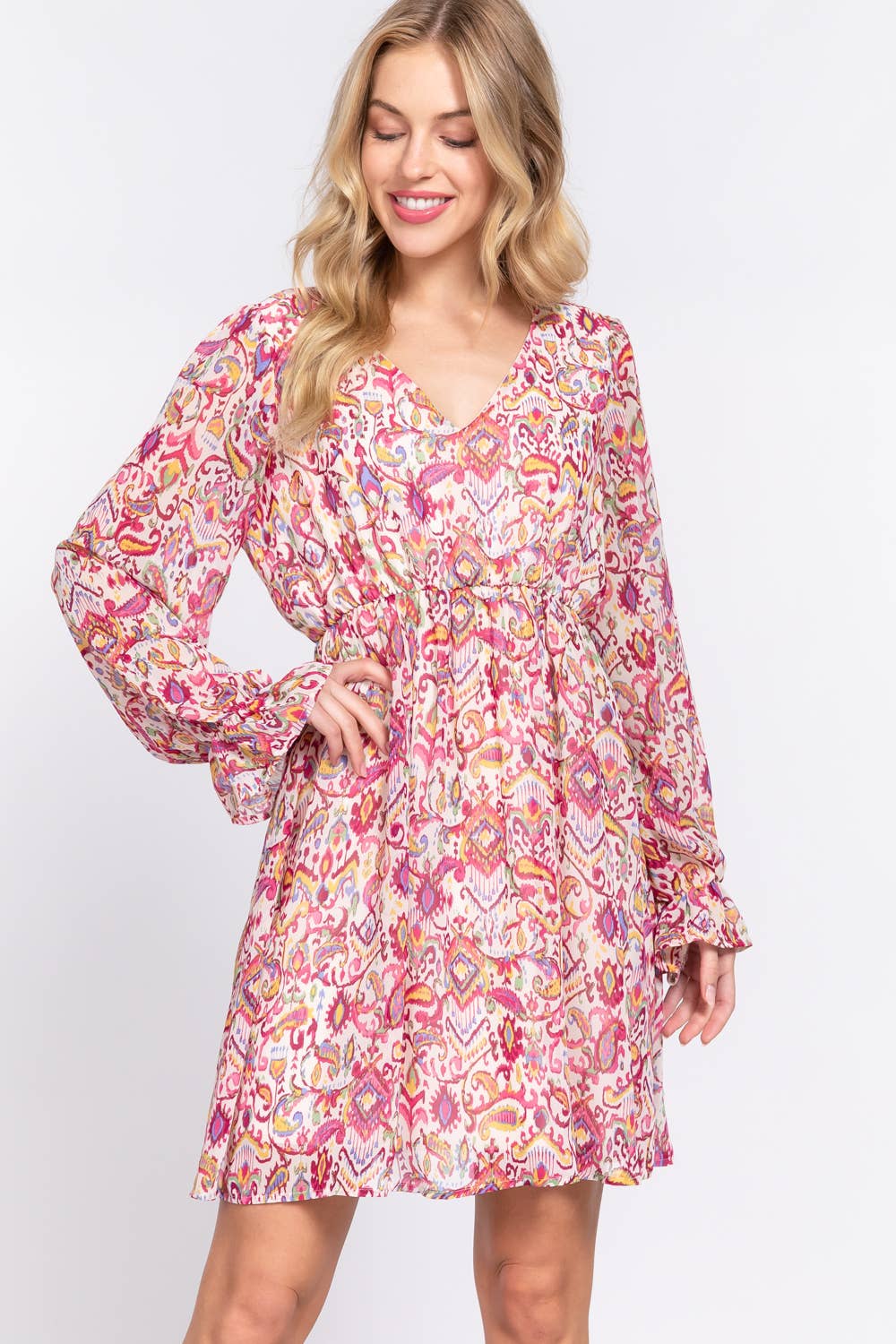 Long Sleeve Print Woven Mini Dress - Moonlight Boutique