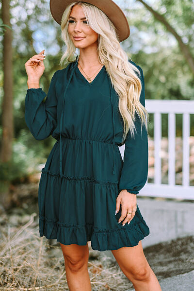 Frill Tie Neck Balloon Sleeve Dress - Moonlight Boutique