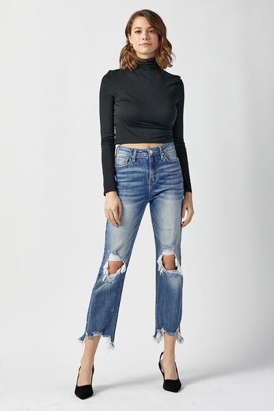 RISEN High Waist Distressed Frayed Hem Cropped Straight Jeans - Moonlight Boutique