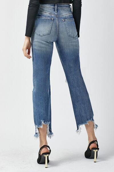 RISEN High Waist Distressed Frayed Hem Cropped Straight Jeans - Moonlight Boutique