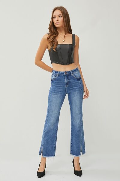 RISEN High Waist Raw Hem Slit Straight Jeans - Moonlight Boutique