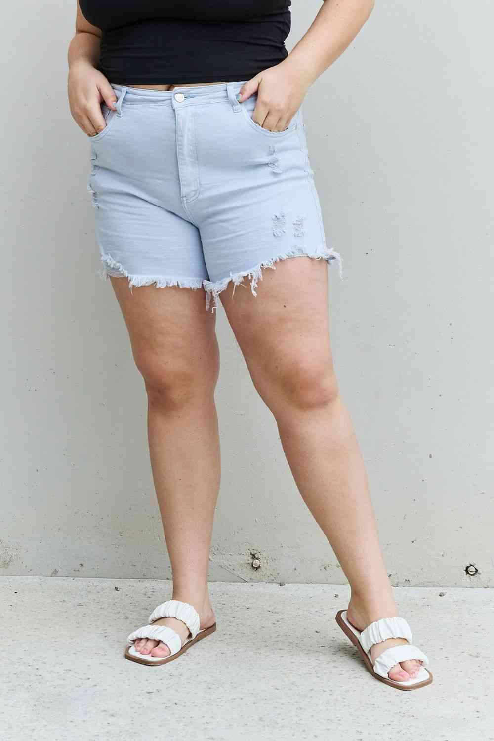 RISEN Katie Full Size High Waisted Distressed Shorts in Ice Blue - Moonlight Boutique