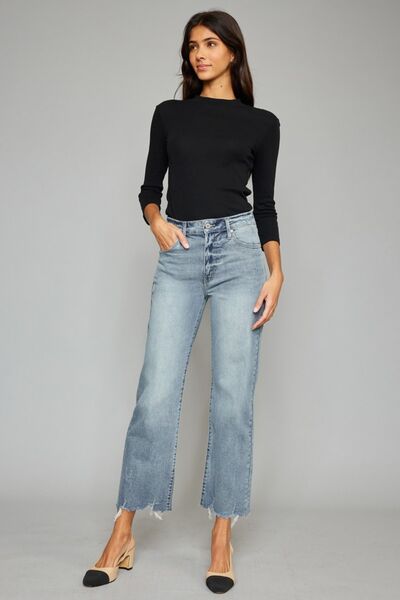 Kancan High Waist Raw Hem Cropped Wide Leg Jeans - Moonlight Boutique