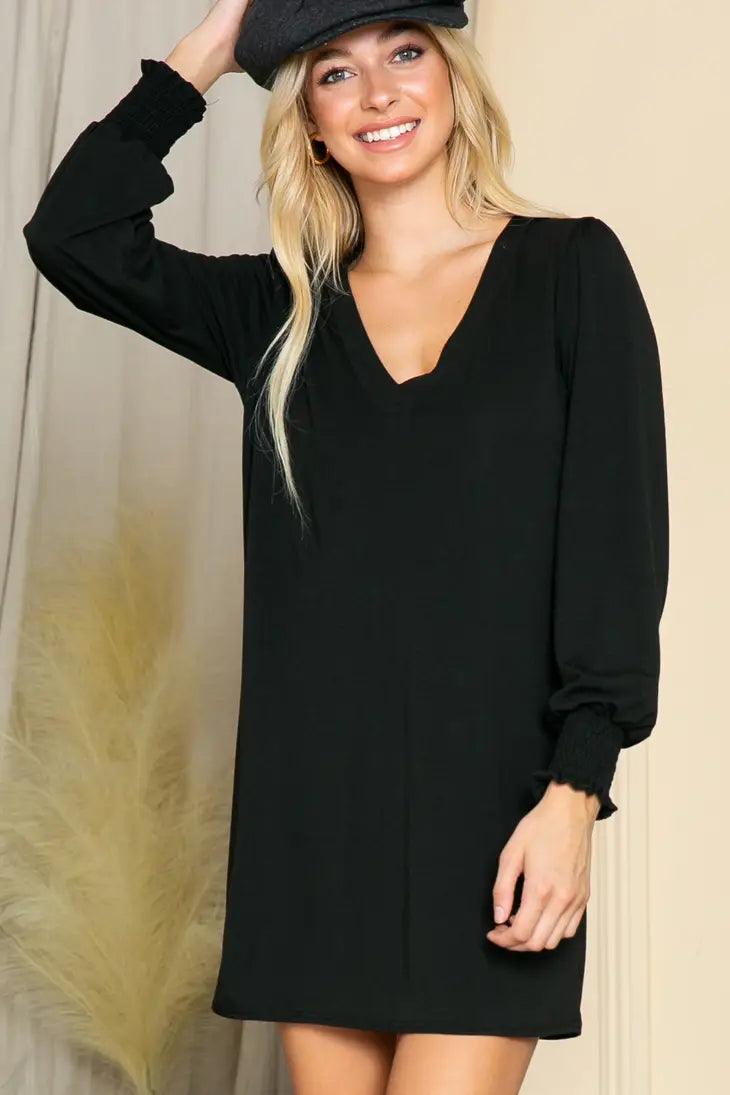 Plus Solid Long Sleeve V Neck Dress - Moonlight Boutique