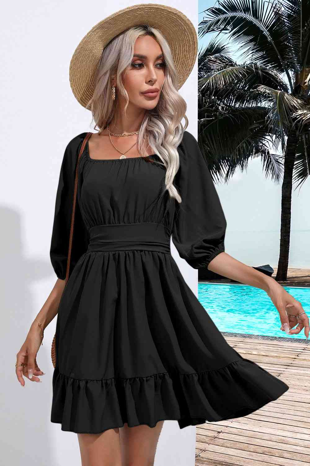 Square Neck Tie Back Ruffle Hem Dress - Moonlight Boutique