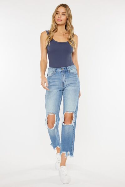 Kancan High Waist Chewed Up Straight Mom Jeans - Moonlight Boutique