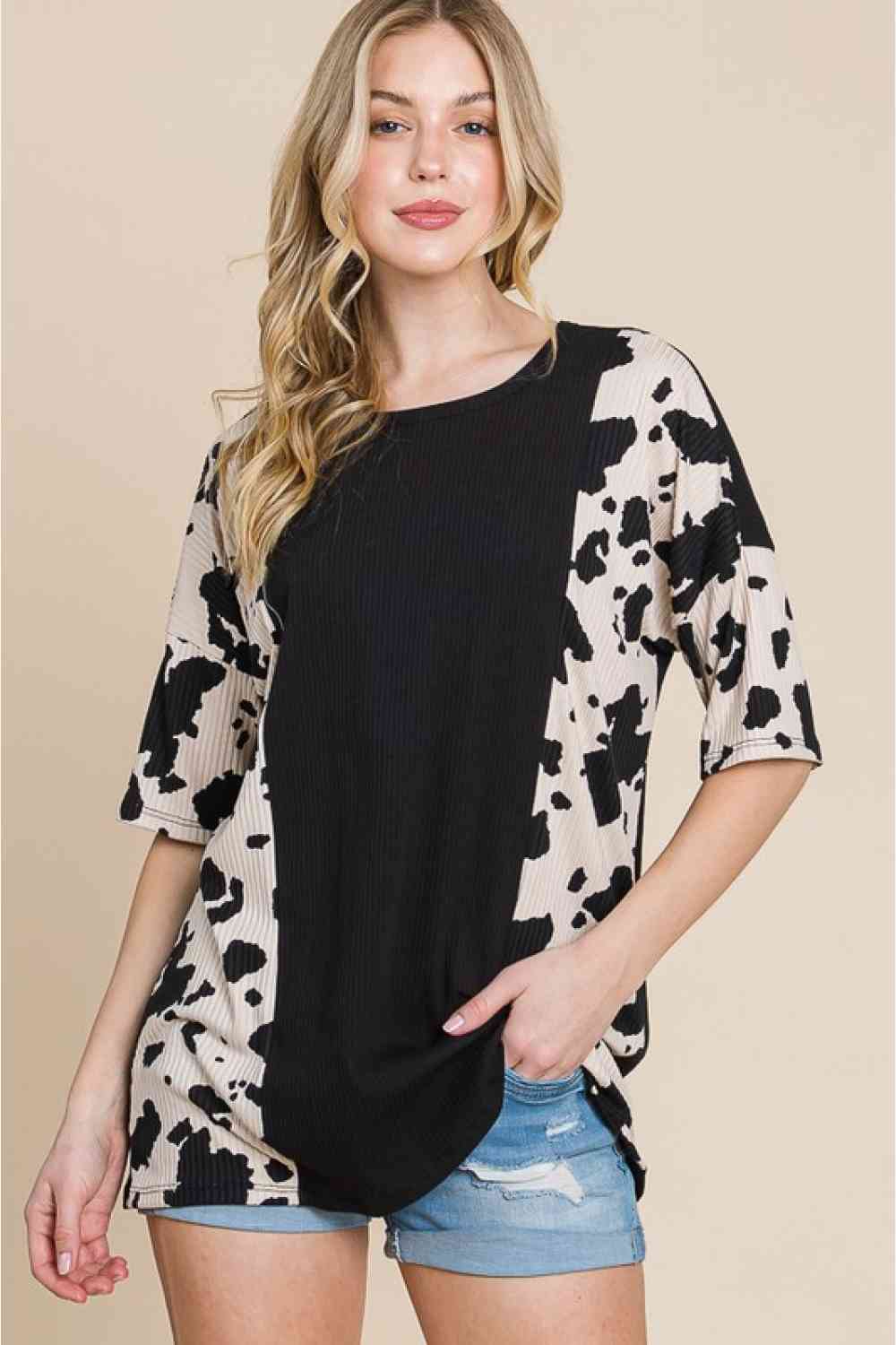 BOMBOM Rodeo Love Ribbed Animal Contrast Tee - Moonlight Boutique