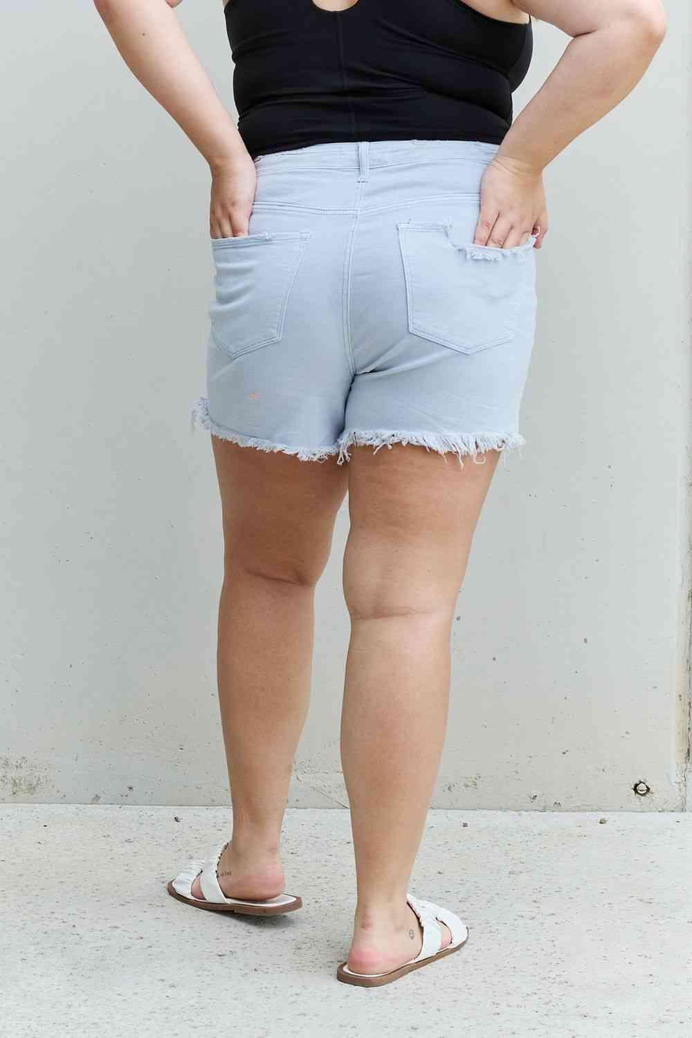 RISEN Katie Full Size High Waisted Distressed Shorts in Ice Blue - Moonlight Boutique