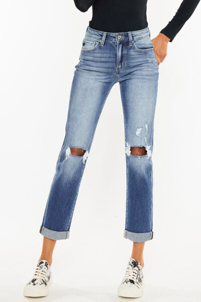 Kancan High Waist Distressed Hem Detail Cropped Straight Jeans - Moonlight Boutique