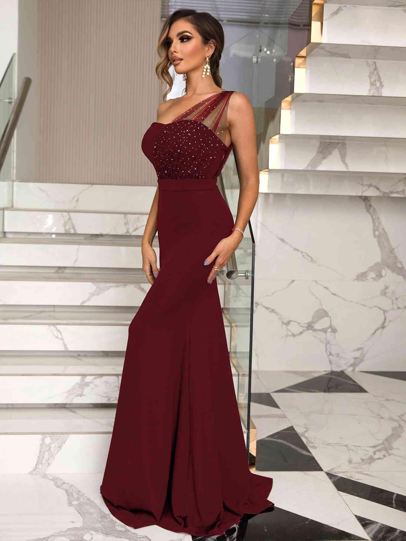 Rhinestone One-Shoulder Formal Dress - Moonlight Boutique