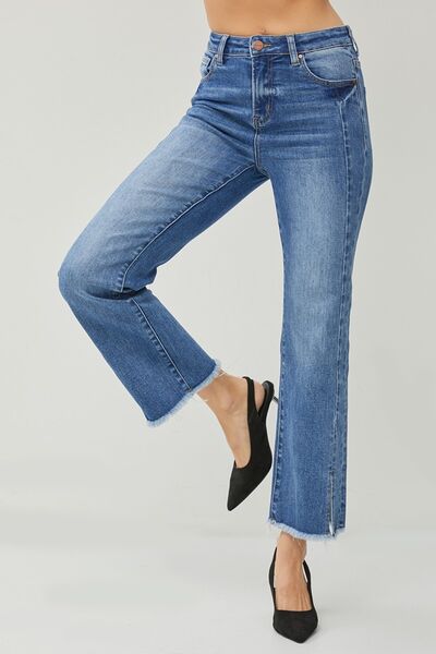 RISEN High Waist Raw Hem Slit Straight Jeans - Moonlight Boutique