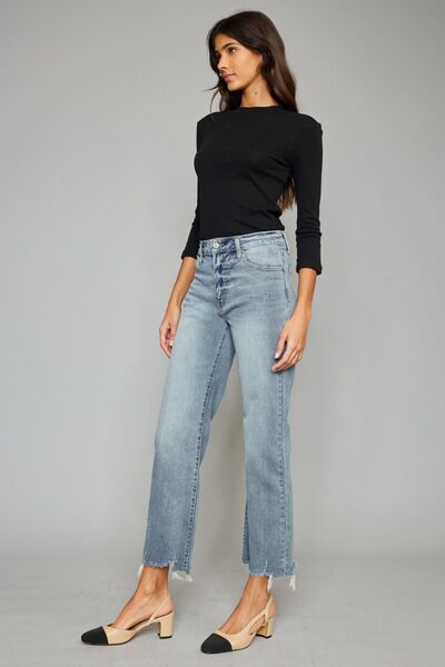 Kancan High Waist Raw Hem Cropped Wide Leg Jeans - Moonlight Boutique