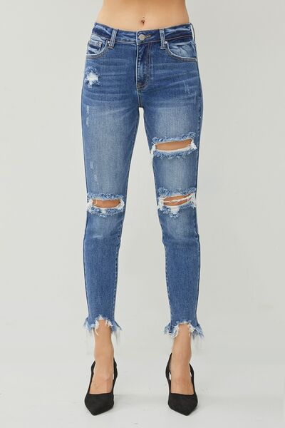 RISEN Distressed Frayed Hem Slim Jeans - Moonlight Boutique