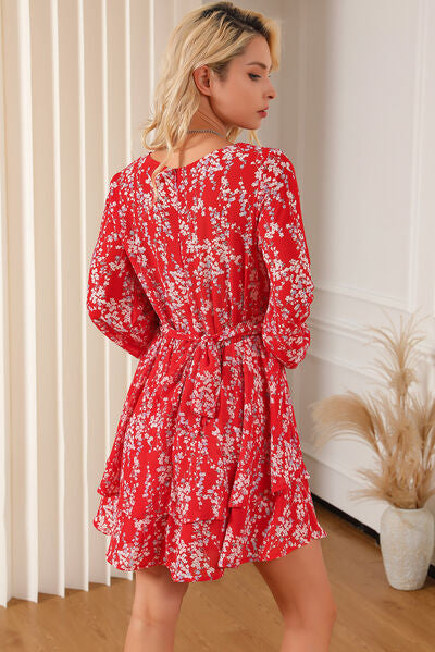 Printed Surplice Balloon Sleeve Layered Dress - Moonlight Boutique