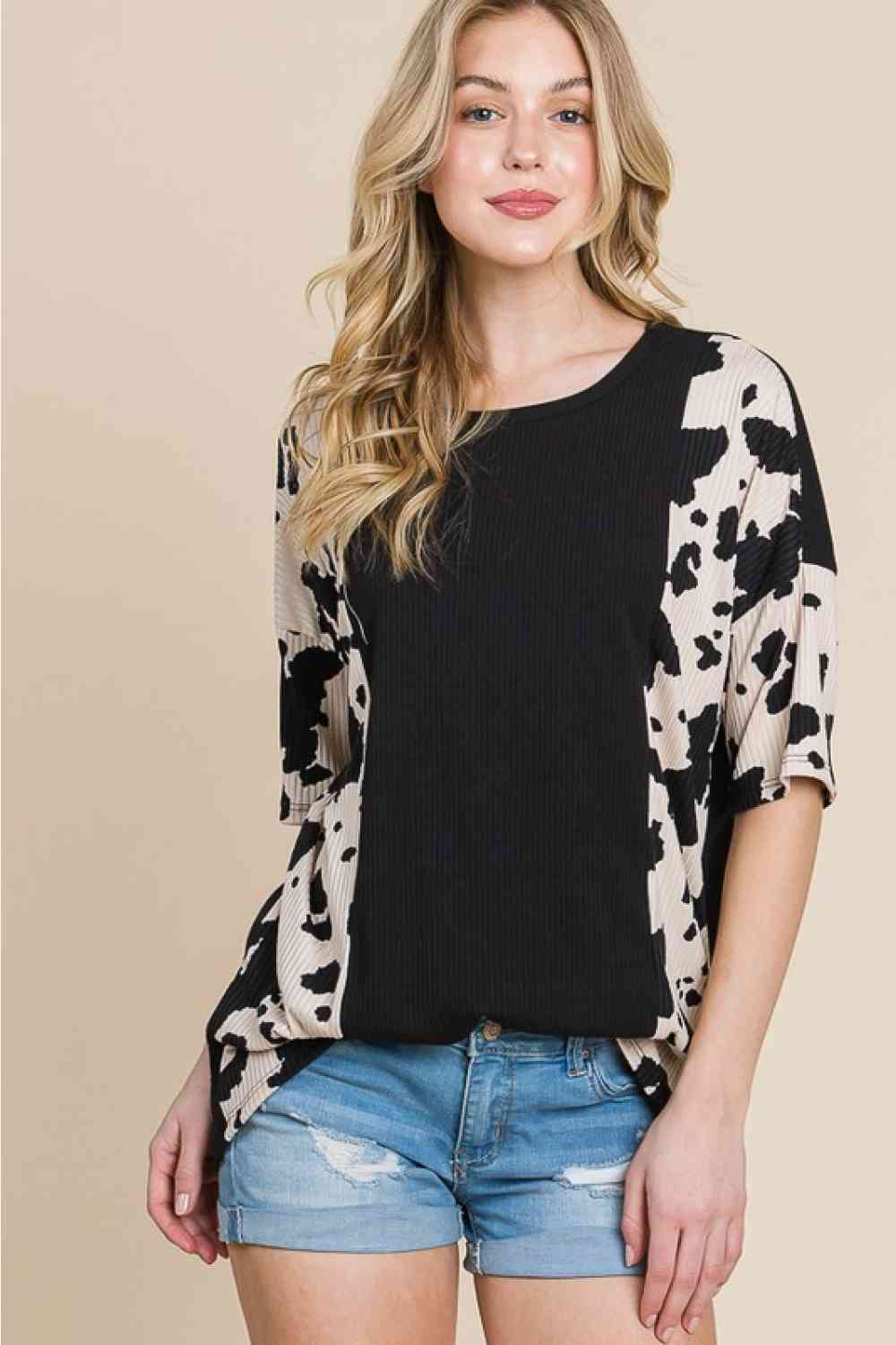 BOMBOM Rodeo Love Ribbed Animal Contrast Tee - Moonlight Boutique