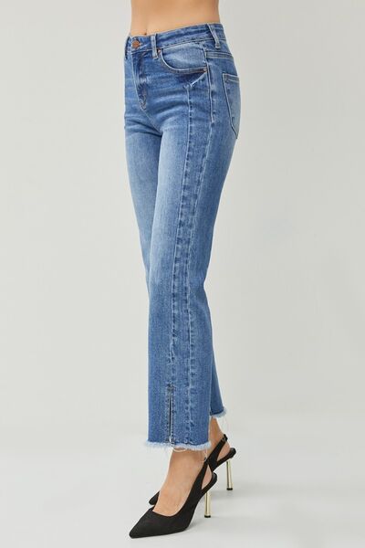 RISEN High Waist Raw Hem Slit Straight Jeans - Moonlight Boutique