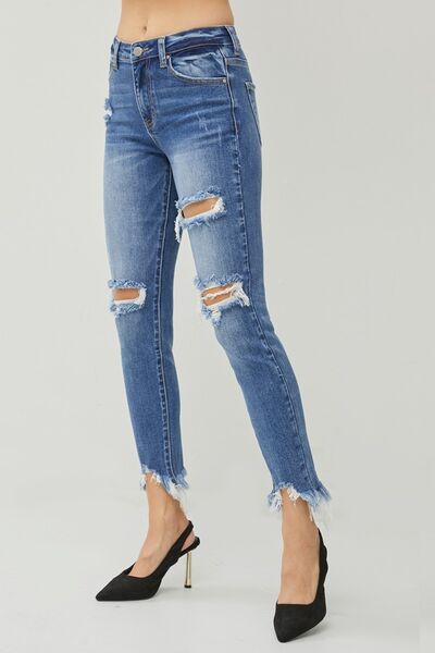 RISEN Distressed Frayed Hem Slim Jeans - Moonlight Boutique