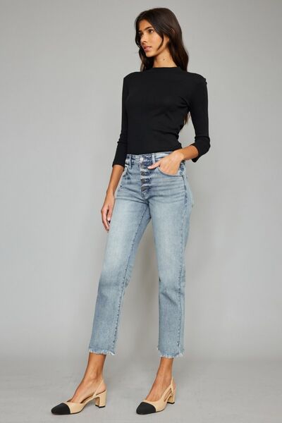 Kancan High Waist Button Fly Raw Hem Cropped Straight Jeans - Moonlight Boutique