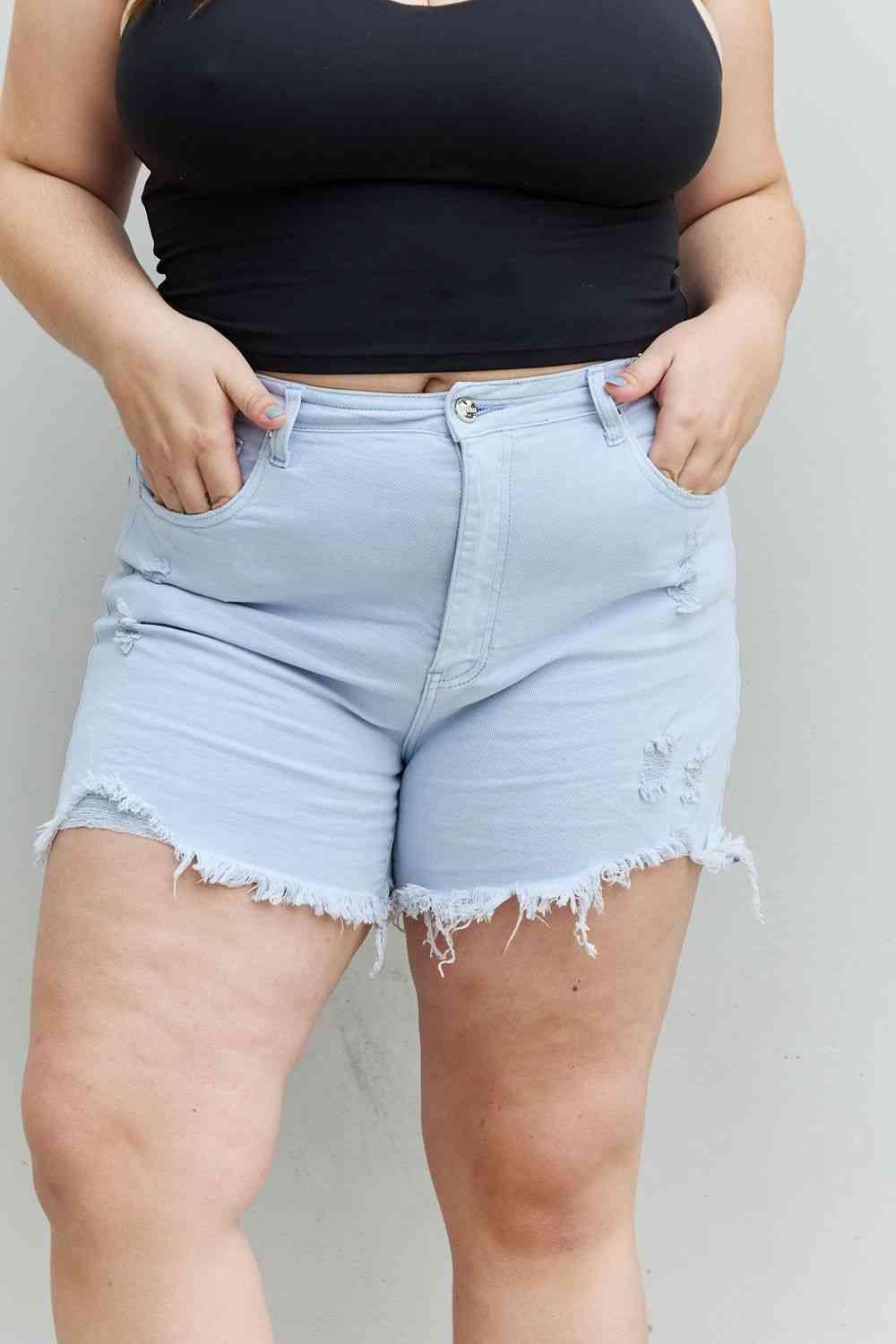 RISEN Katie Full Size High Waisted Distressed Shorts in Ice Blue - Moonlight Boutique