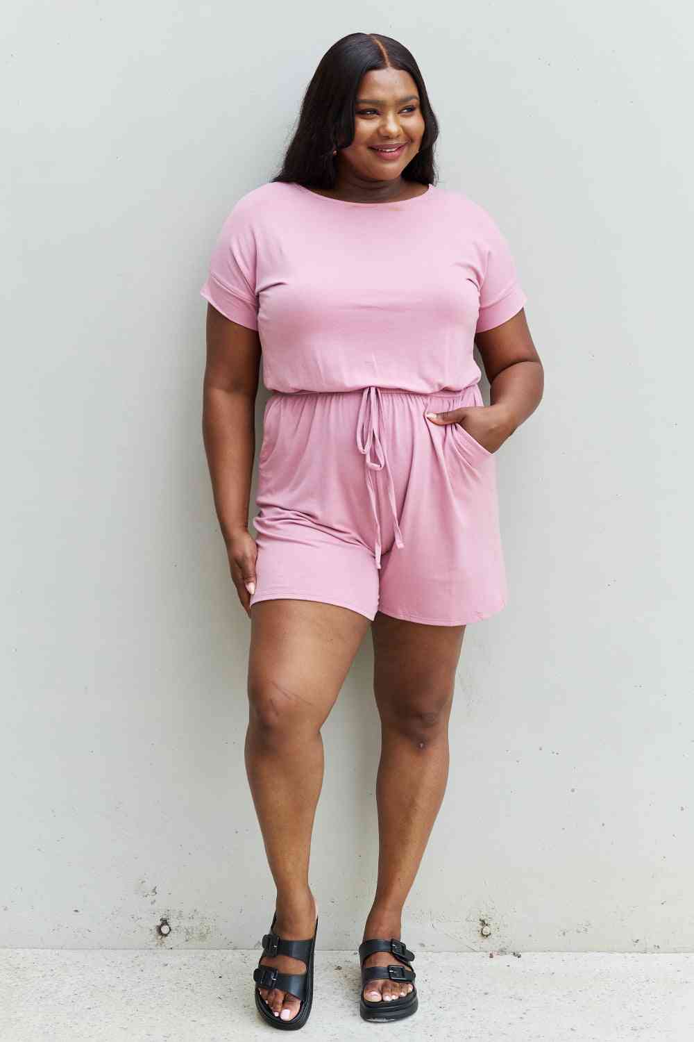 Zenana Chilled Out Full Size Short Sleeve Romper in Light Carnation Pink - Moonlight Boutique