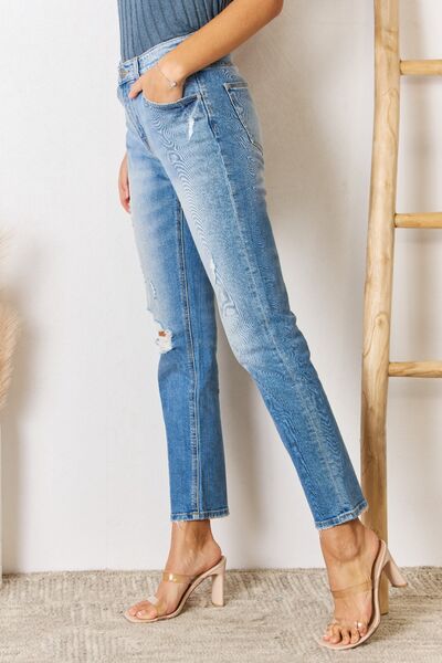 Kancan High Rise Distressed Slim Straight Jeans - Moonlight Boutique