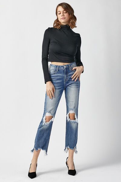 RISEN High Waist Distressed Frayed Hem Cropped Straight Jeans - Moonlight Boutique