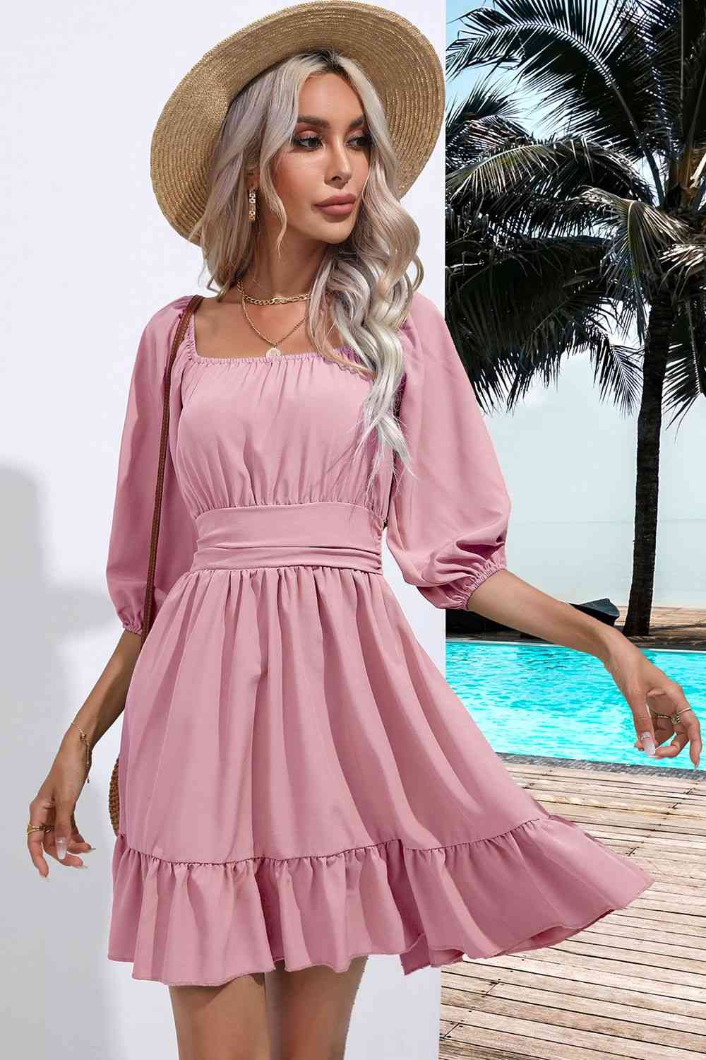 Square Neck Tie Back Ruffle Hem Dress - Moonlight Boutique