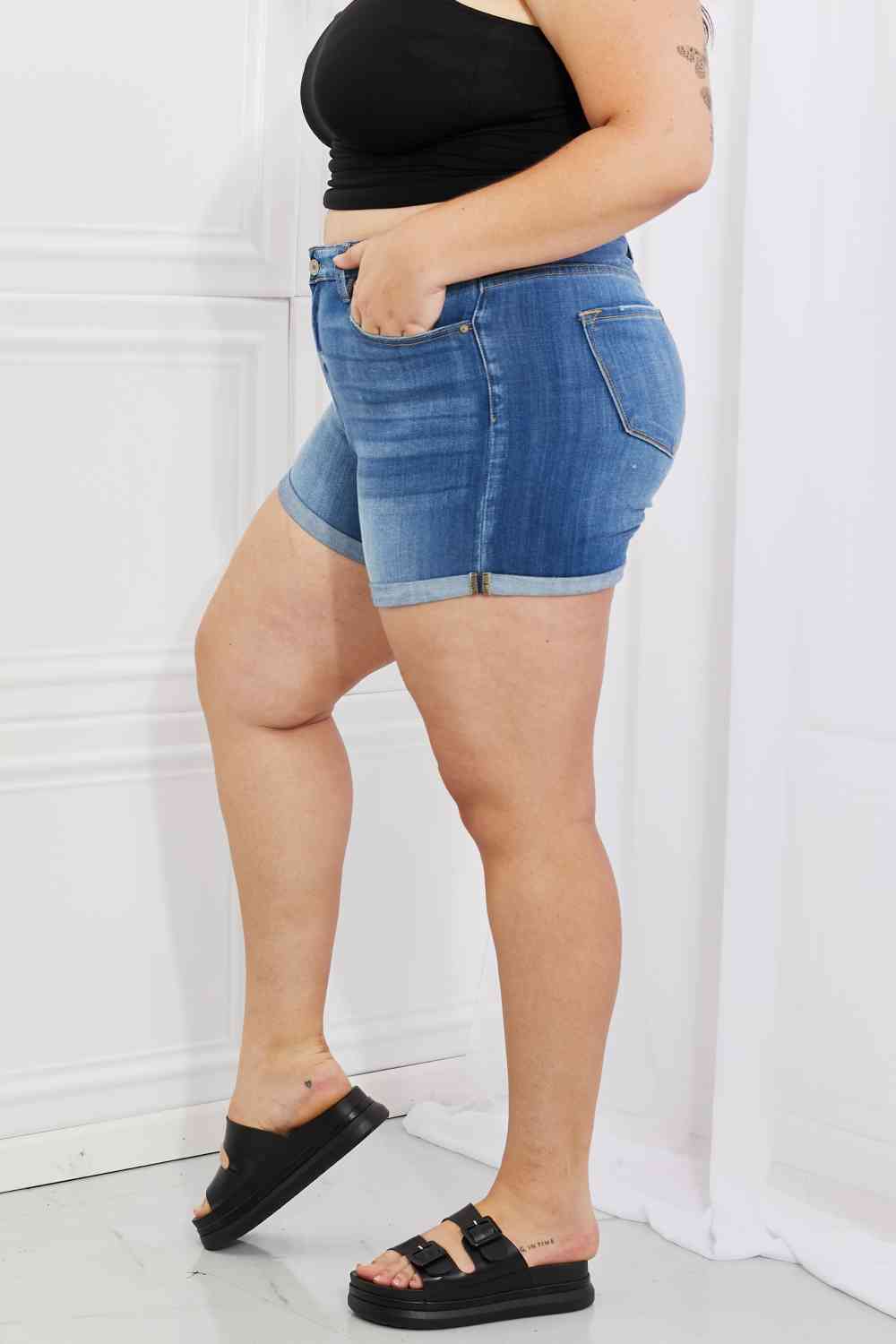 Kancan Full Size High Rise Medium Stone Wash Denim Shorts - Moonlight Boutique