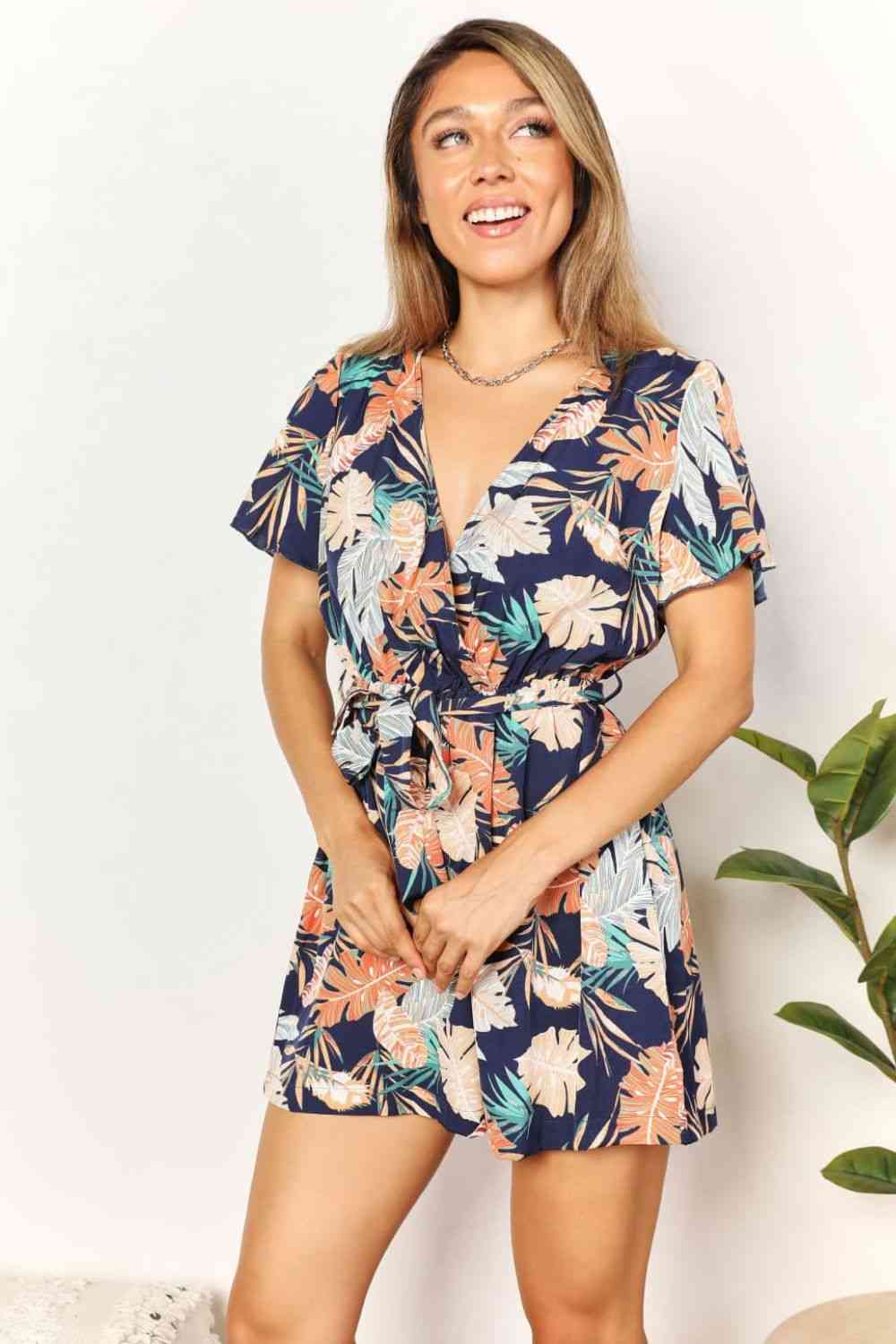 Double Take Botanical Print Surplice Neck Tie Waist Romper - Moonlight Boutique