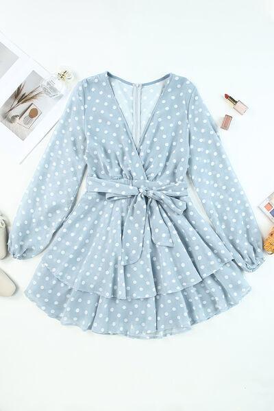 Tied Layered Polka Dot Balloon Sleeve Dress - Moonlight Boutique