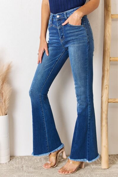 Kancan High Rise Raw Hem Flare Jeans - Moonlight Boutique