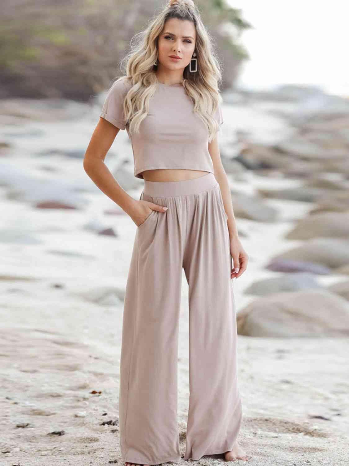 Short Sleeve T-Shirt and Wide Leg Pants Set - Moonlight Boutique