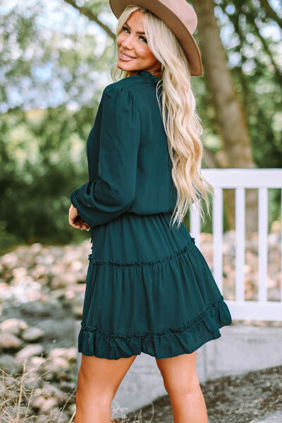 Frill Tie Neck Balloon Sleeve Dress - Moonlight Boutique