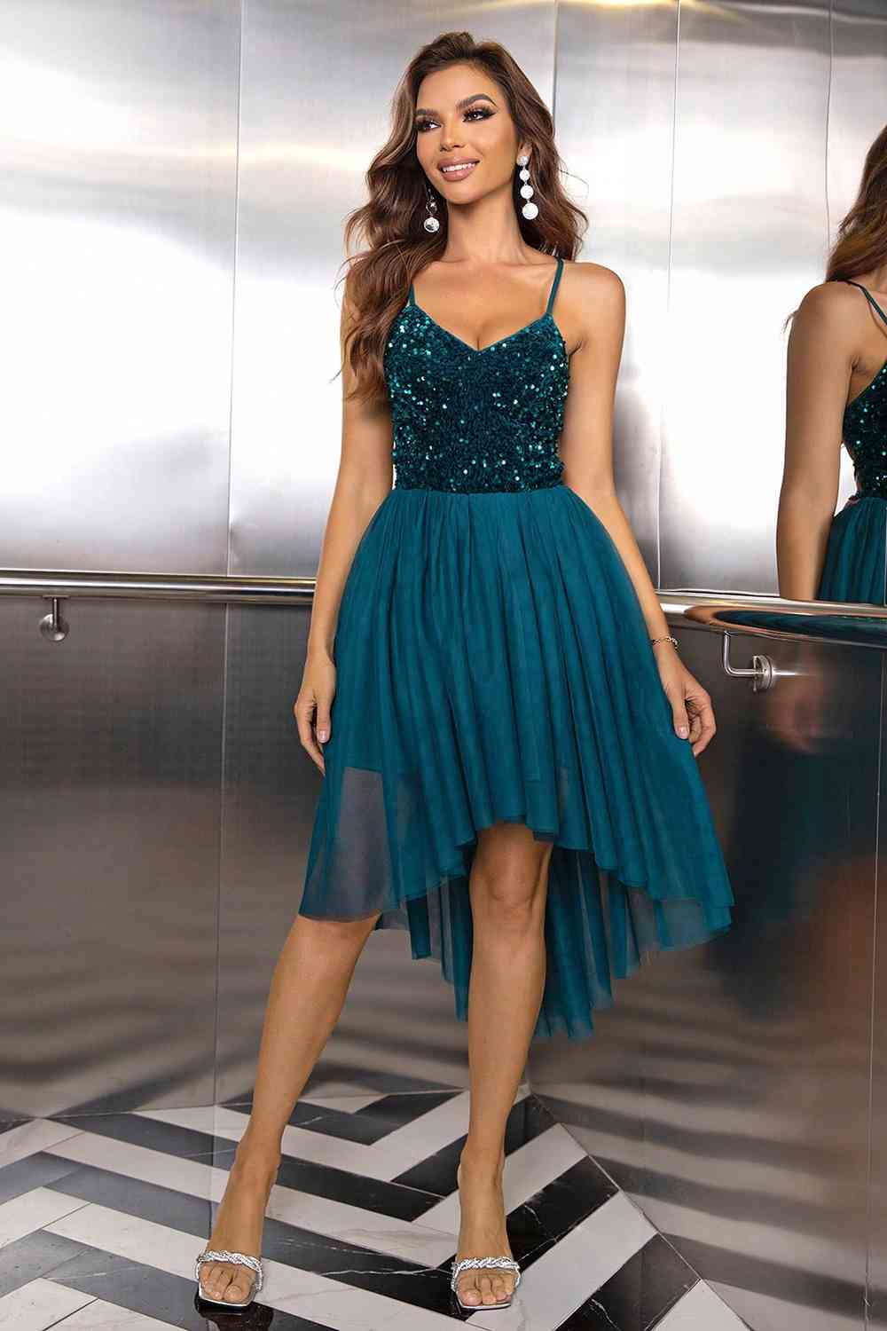 Sequin Spaghetti Strap High-Low Dress - Moonlight Boutique