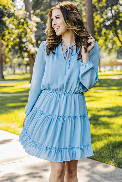 Frill Tie Neck Balloon Sleeve Dress - Moonlight Boutique