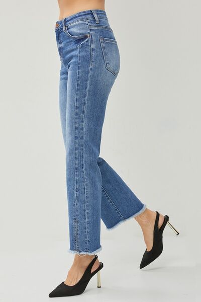 RISEN High Waist Raw Hem Slit Straight Jeans - Moonlight Boutique