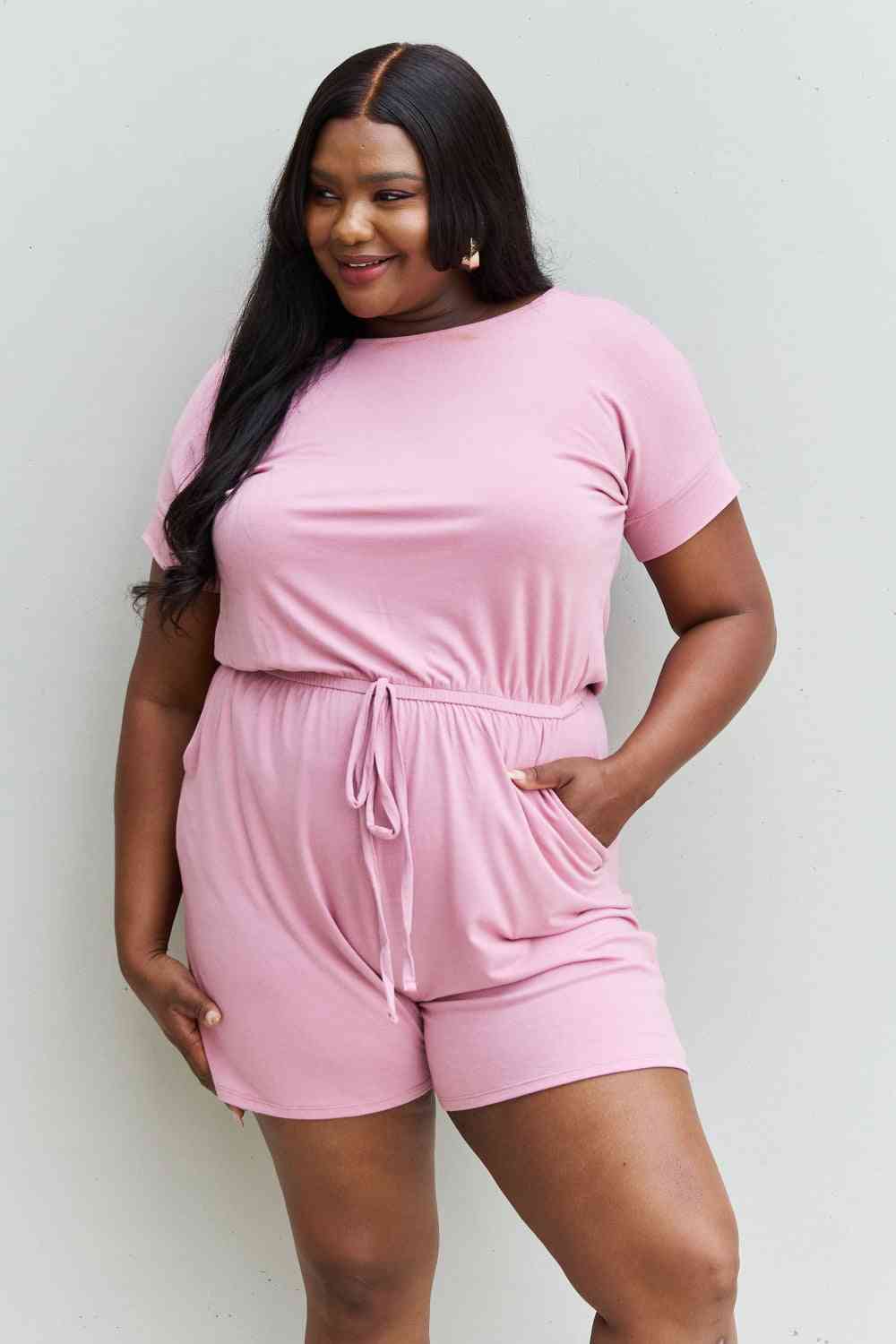 Zenana Chilled Out Full Size Short Sleeve Romper in Light Carnation Pink - Moonlight Boutique