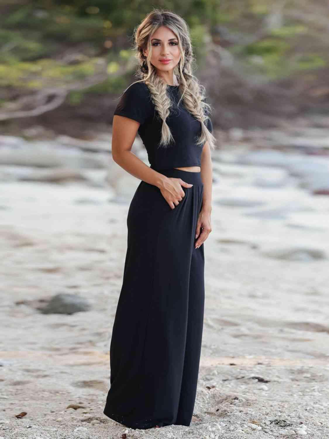 Short Sleeve T-Shirt and Wide Leg Pants Set - Moonlight Boutique