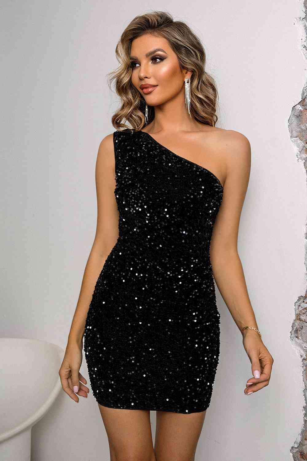 Sequin Lace-Up One-Shoulder Bodycon Dress - Moonlight Boutique