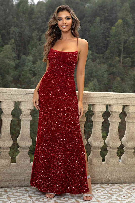 Sequin Backless Split Maxi Dress - Moonlight Boutique